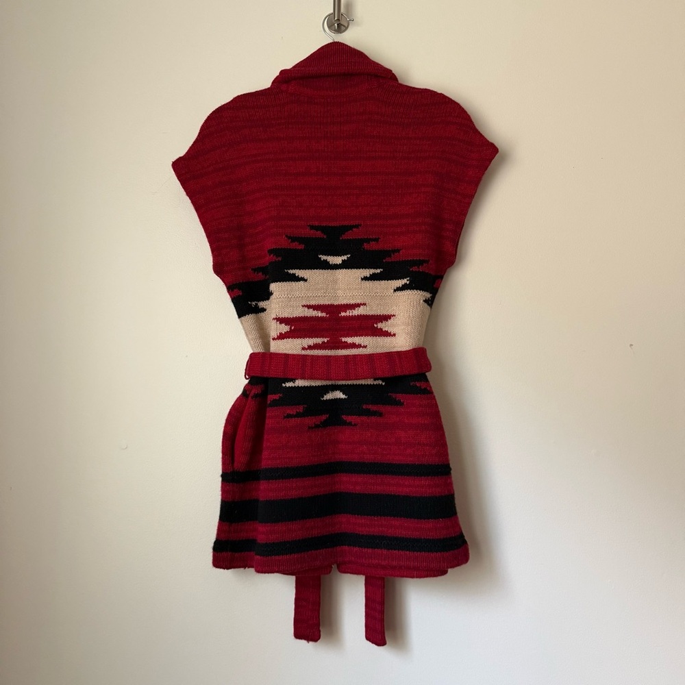 LRL Ralph Lauren Deep Red Native Tribal Aztec Sleeveless Knit Wrap Cardigan, S - Picture 5 of 16